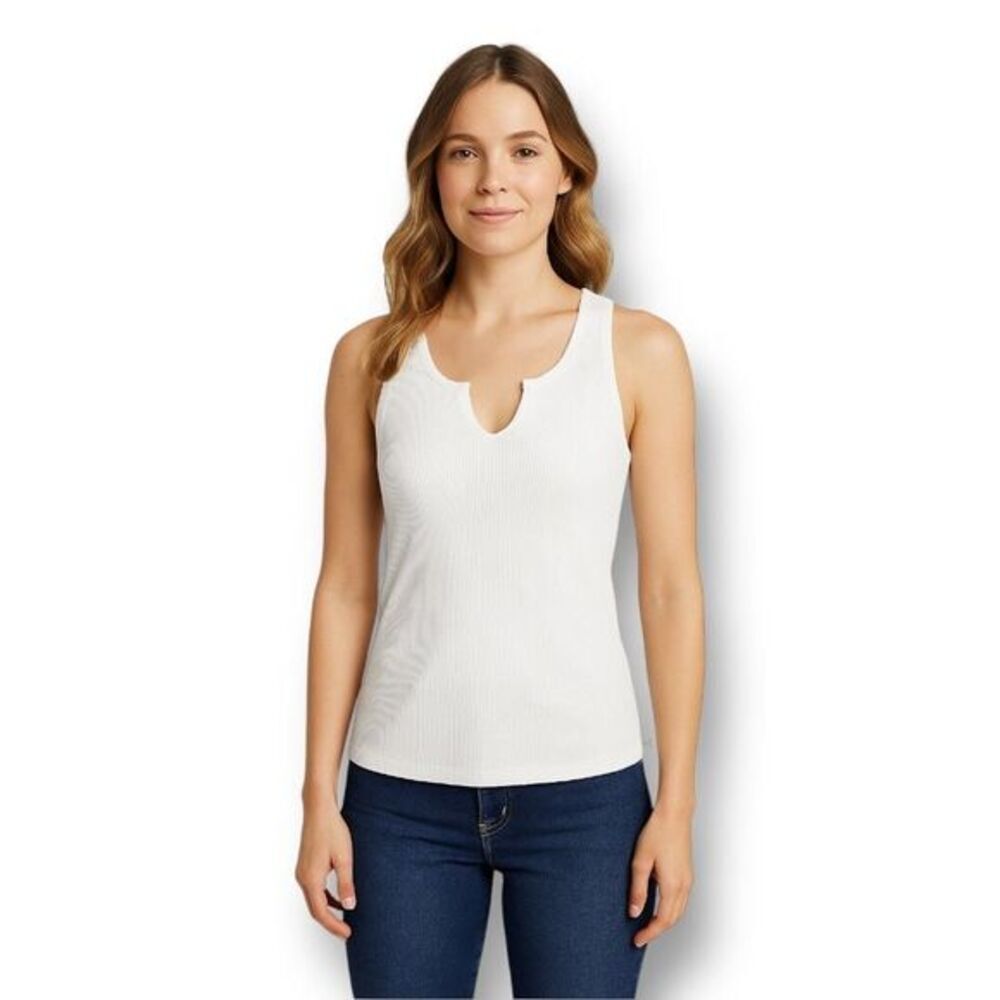 Articles Society S NWT White Ribbed Cotton Tank Top Slit Neck Summer‎ Sleeveless